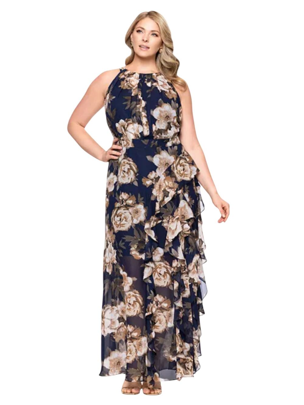NEW BETSY & ADAM Floral Chiffon Maxi Formal Dress Plus 16 Flowy Ruffles Event